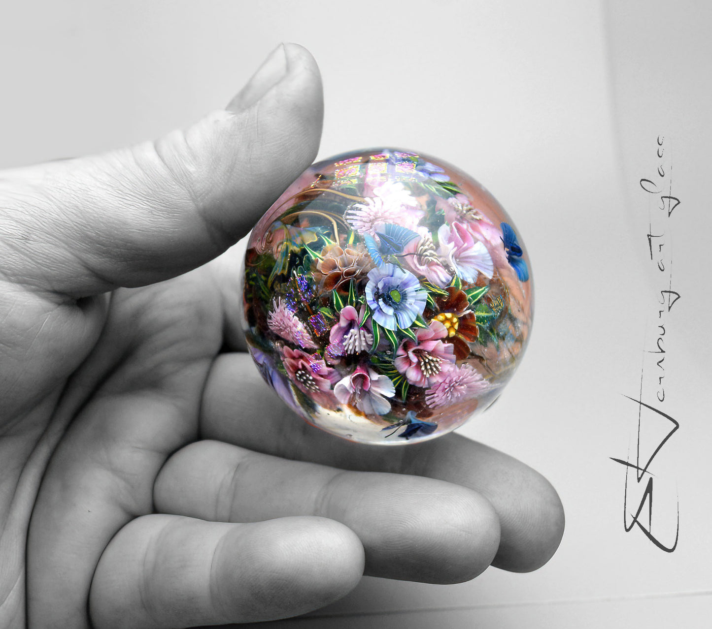 Marble. Blue Moths Morning. Glass. Collectible ball. Diameter 50 mm - 1.96 inch