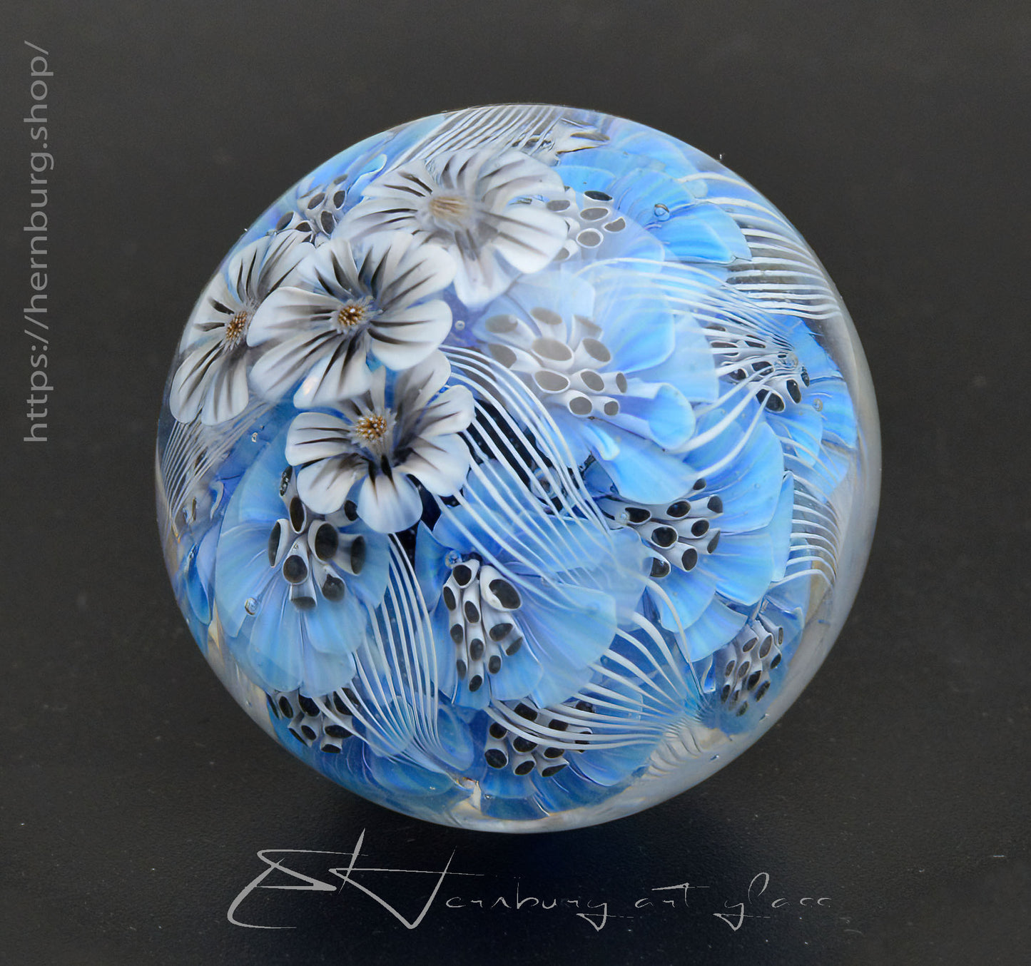 Marble. Collectible Sphere “Blue Blossom” Glass. . Diameter — 39 mm (1.53”)