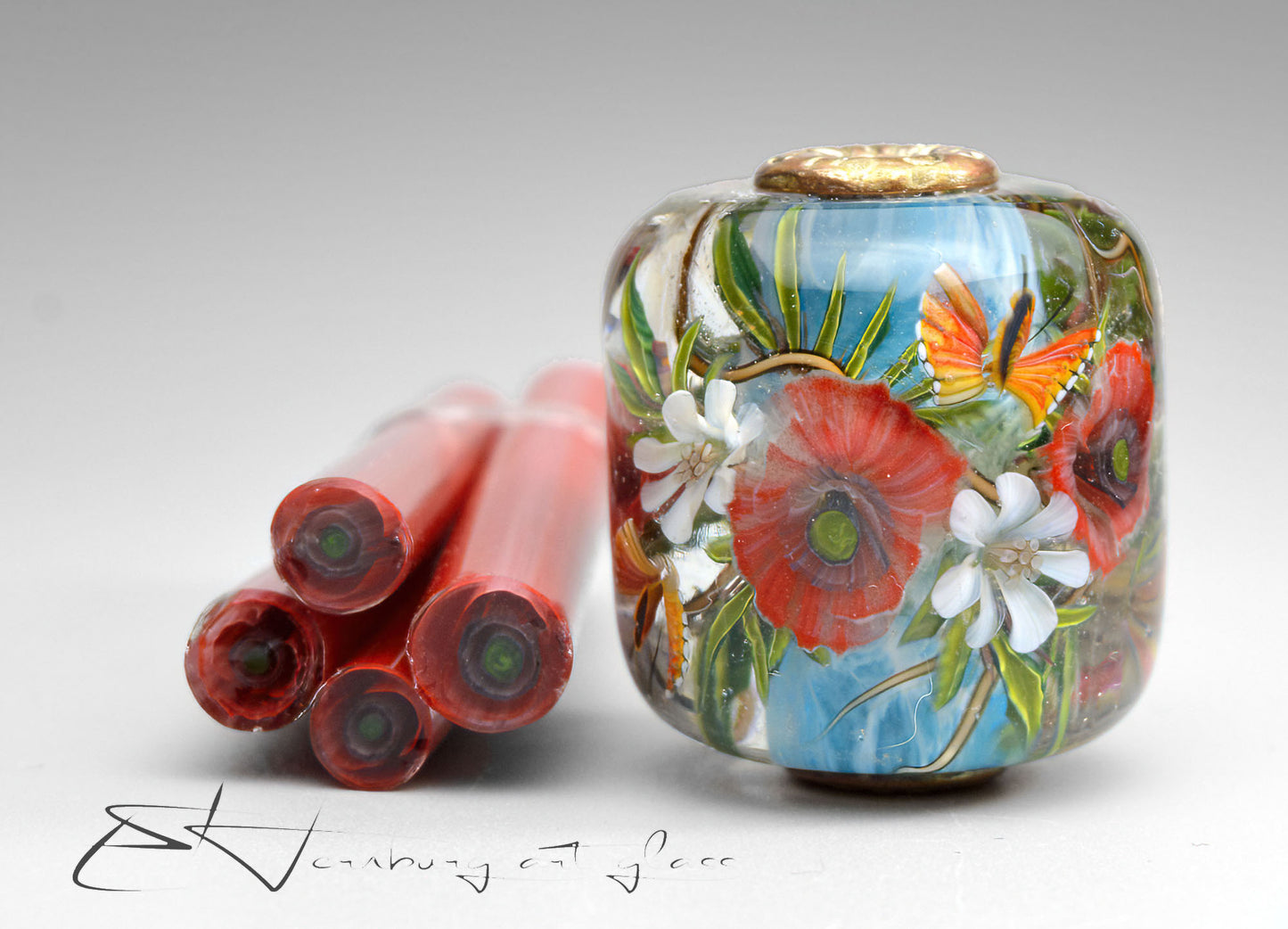 Murini red poppy.. Sticks 5 cm long. Materials for lampwork. Glass COE104