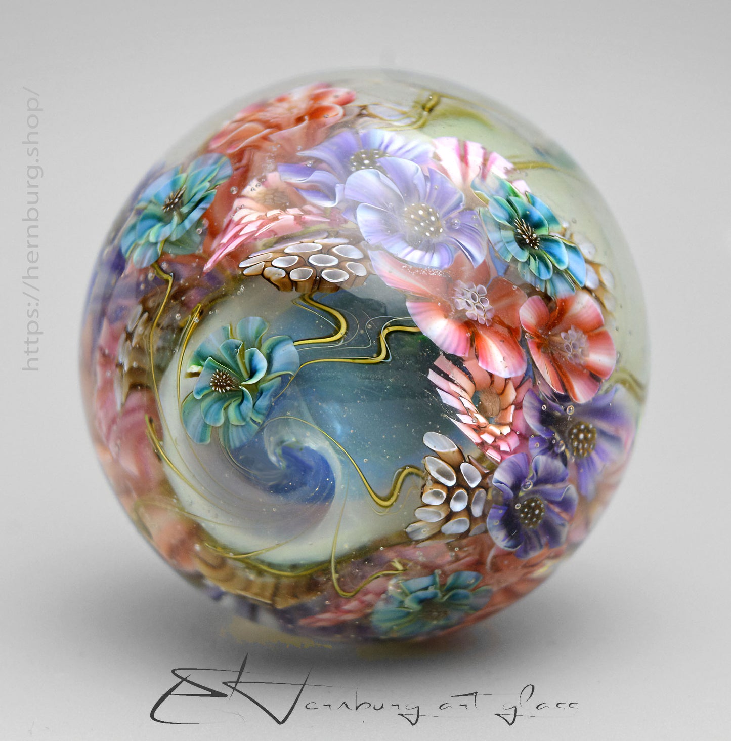 Marble. Collectible Sphere “Zephyr Blossoms” Glass. . Diameter — 42 mm (1.65”)