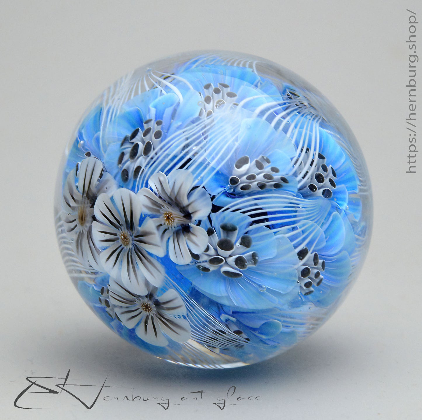 Marble. Collectible Sphere “Blue Blossom” Glass. . Diameter — 39 mm (1.53”)