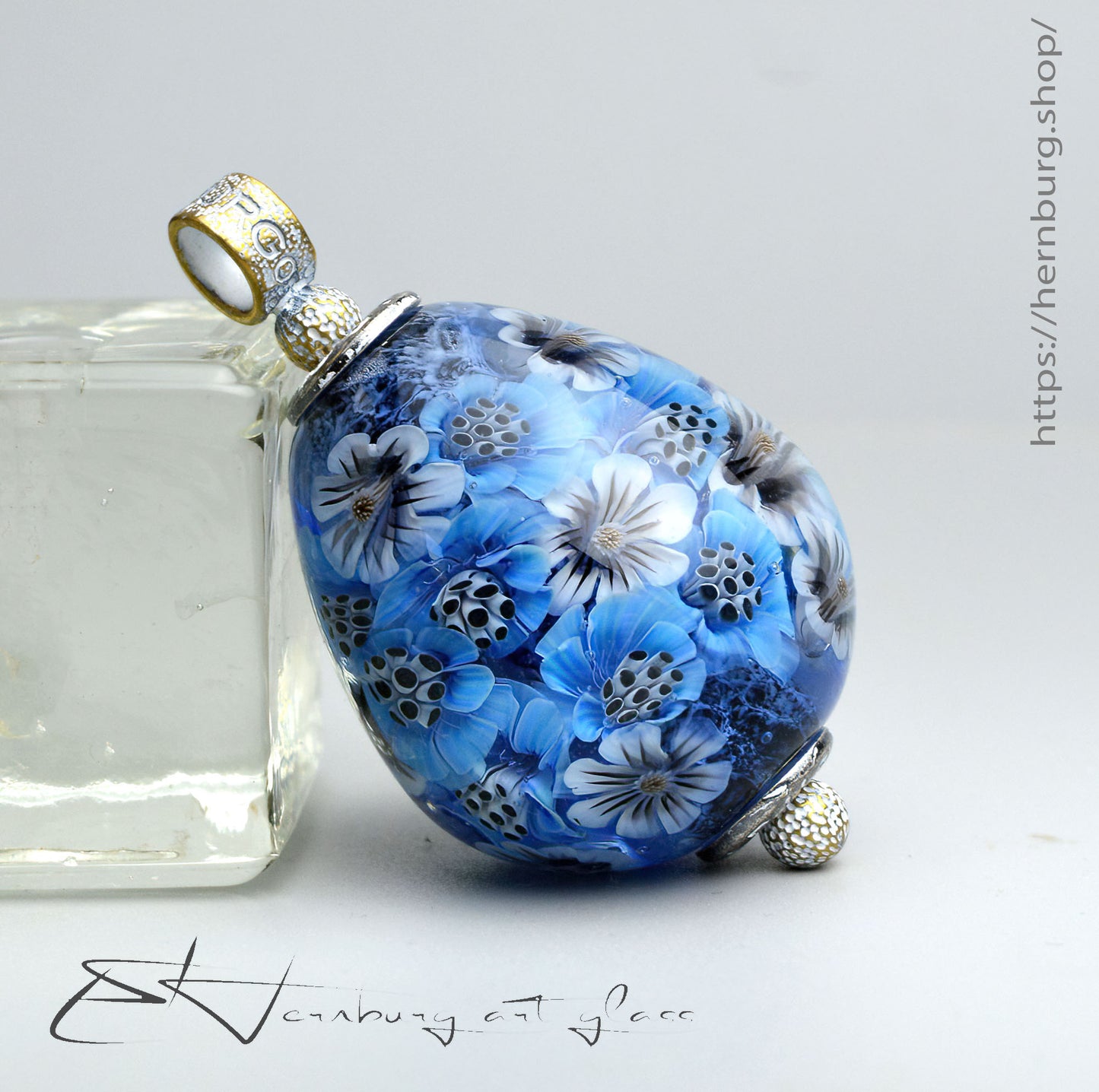 Pendant. Blue Blossom. Lampwork glass pendant.