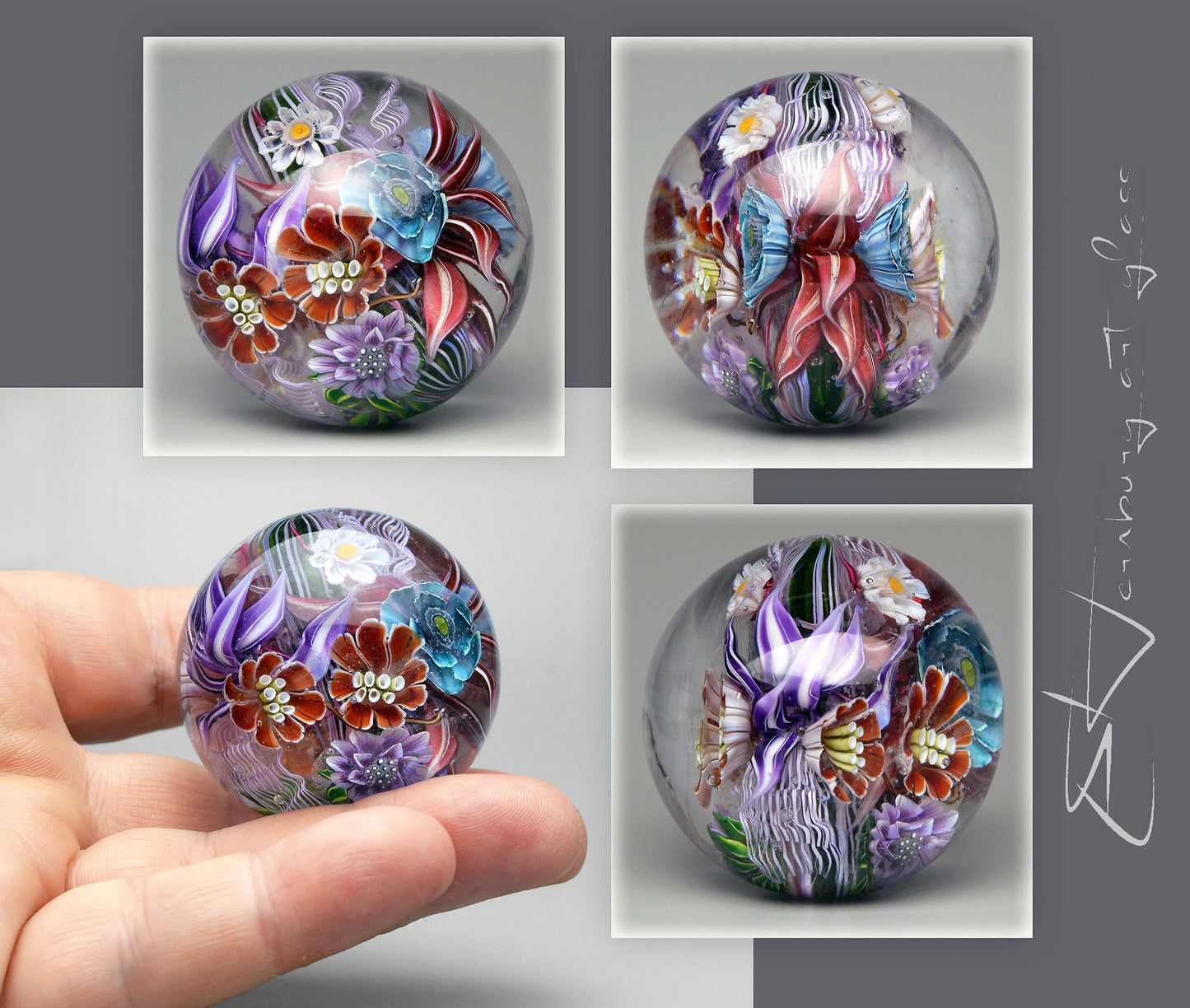 Marble “The Flowers of That Night” Glass. Collectible ball. Diameter 44 mm (1.73 inches)