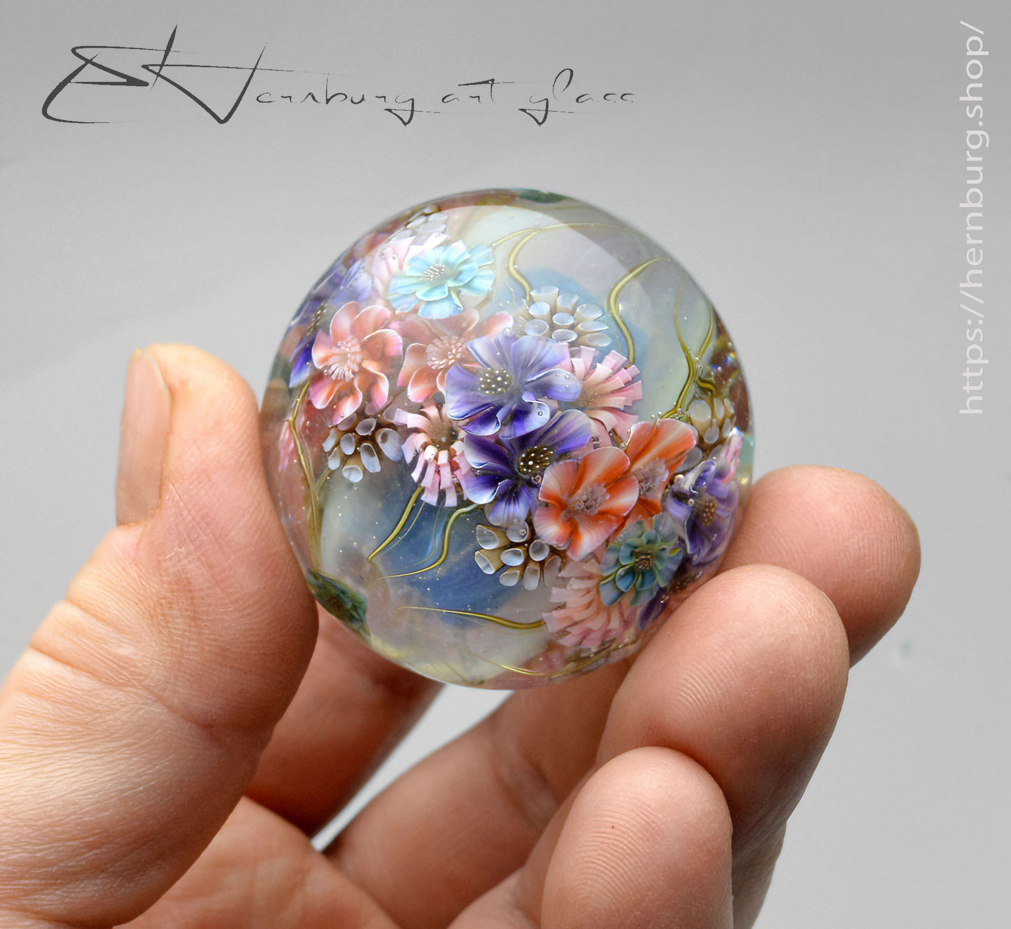 Marble. Collectible Sphere “Zephyr Blossoms” Glass. . Diameter — 42 mm (1.65”)