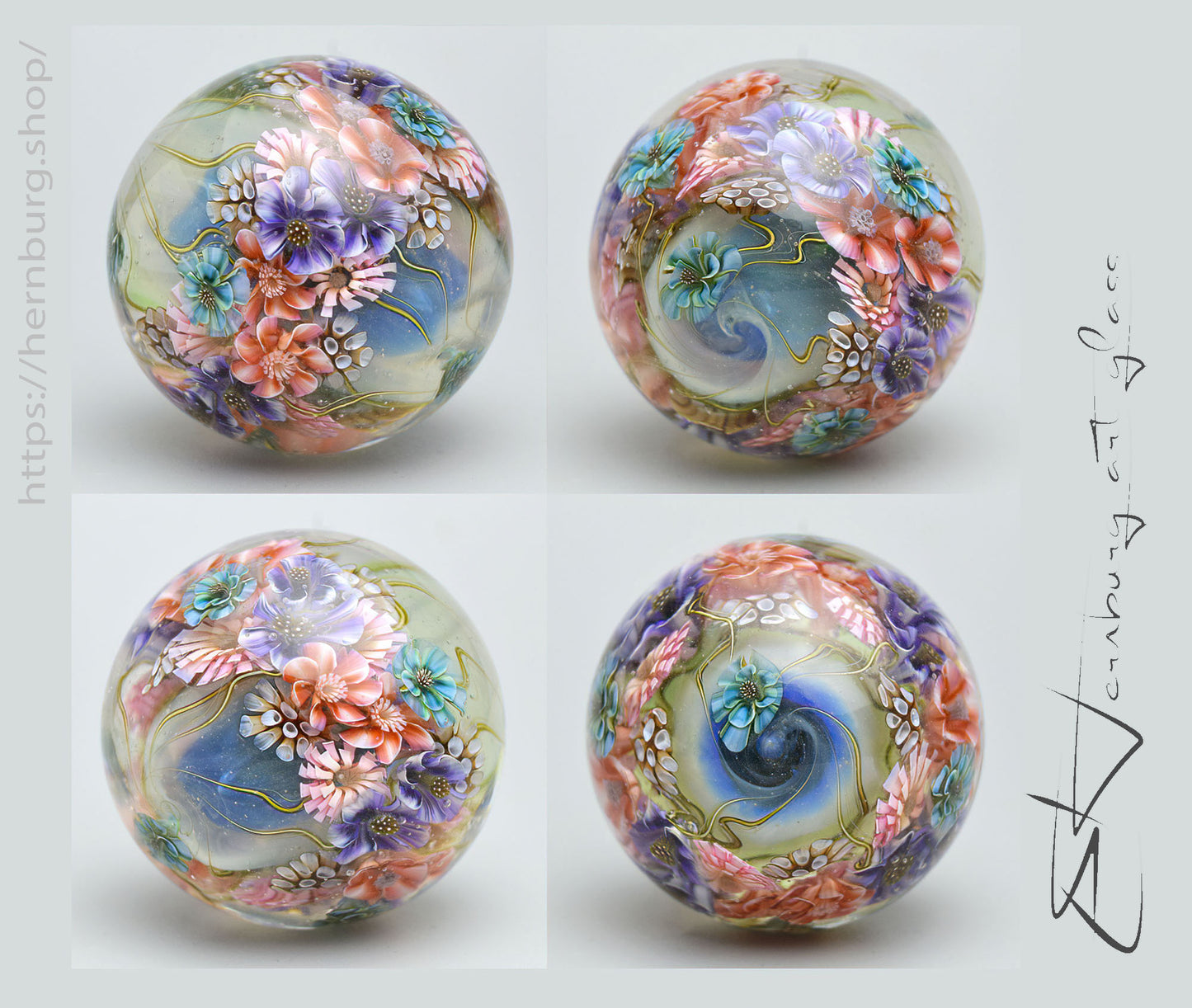 Marble. Collectible Sphere “Zephyr Blossoms” Glass. . Diameter — 42 mm (1.65”)