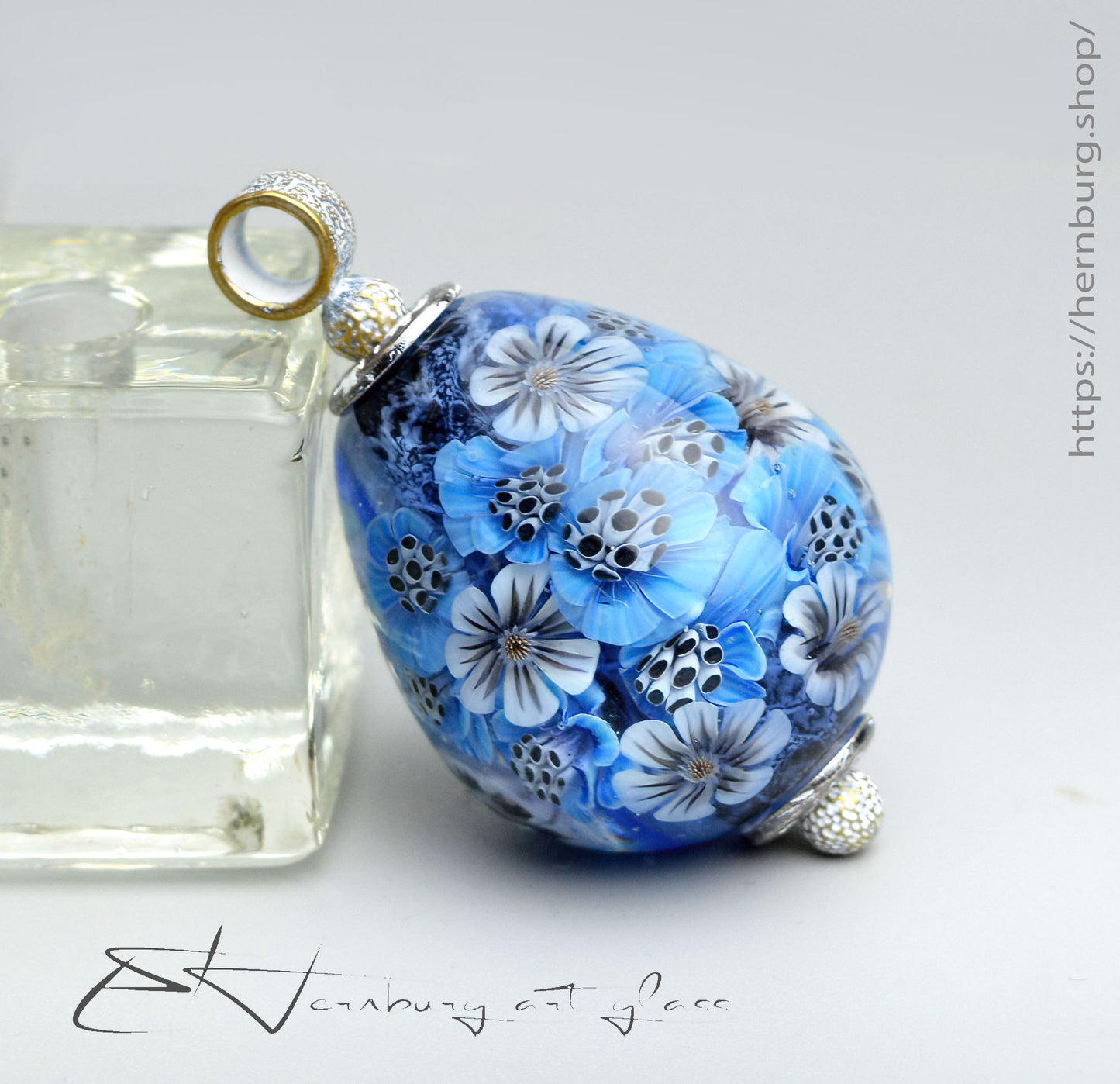 Pendant. Blue Blossom. Lampwork glass pendant.