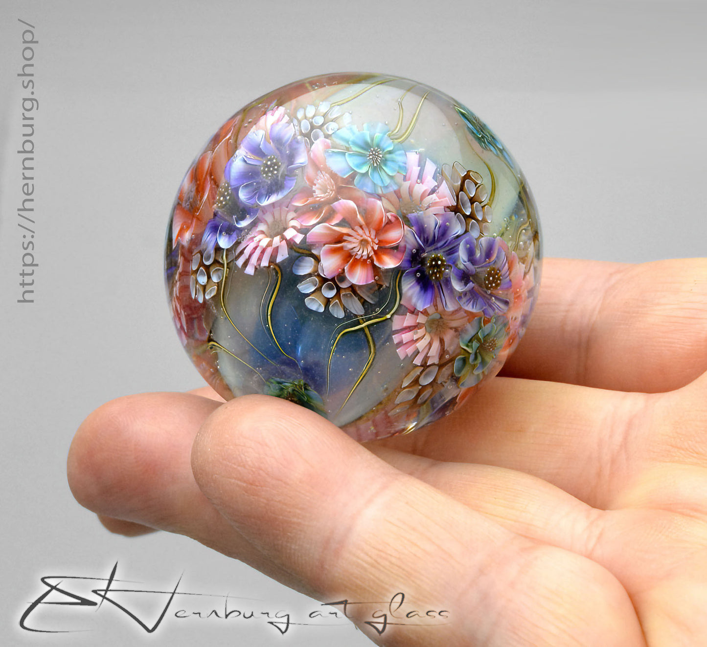 Marble. Collectible Sphere “Zephyr Blossoms” Glass. . Diameter — 42 mm (1.65”)