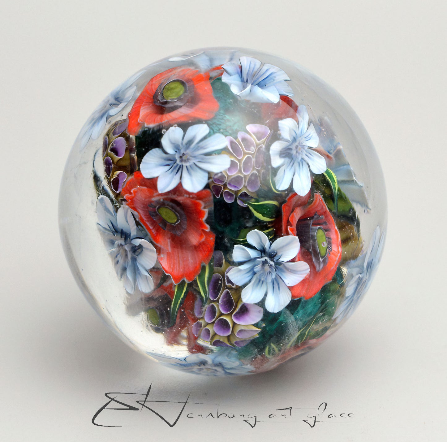 Marble "Air of Poppies" Glass. Collectible sphere.  39 mm (1.53”).
