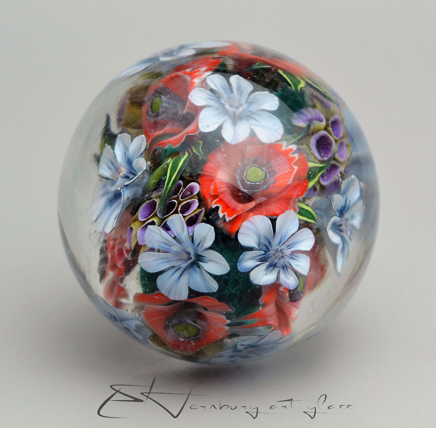 Marble "Air of Poppies" Glass. Collectible sphere.  39 mm (1.53”).