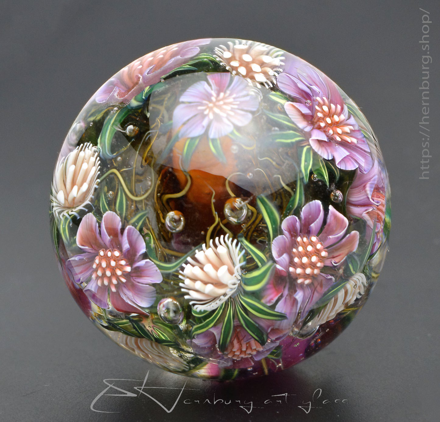 Marble. Collectible Sphere “Wild Bloom”. Glass. . Diameter — 42 mm (1.65”)