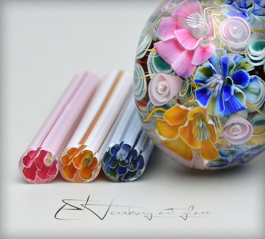 Murini flowers. Three colors. Sticks 5 cm long. Materials for lampwork. Glass COE104