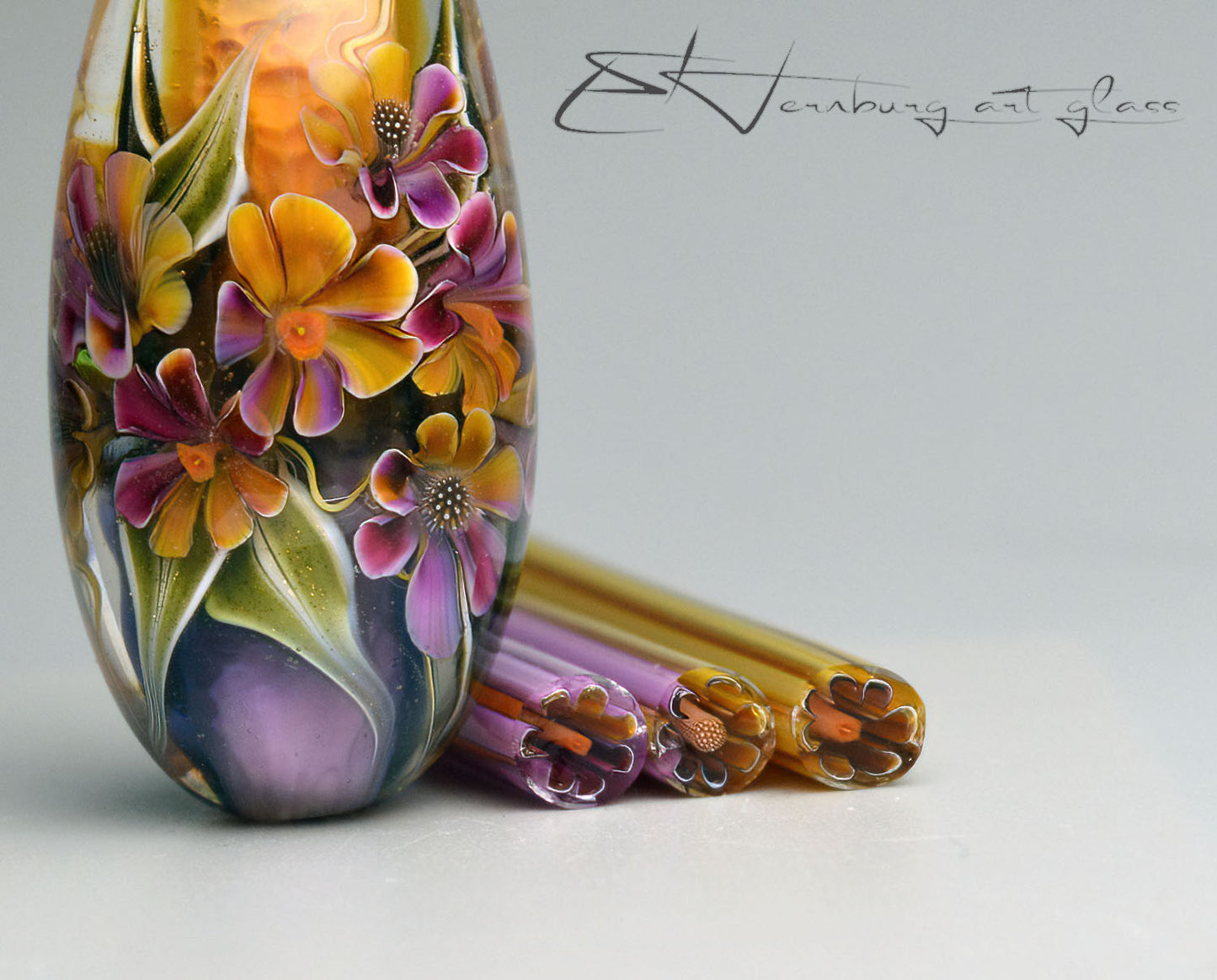 Set of three murrini canes. HONEY BLOOM. Sticks 5 cm long. Materials for lampwork. Glass COE104
