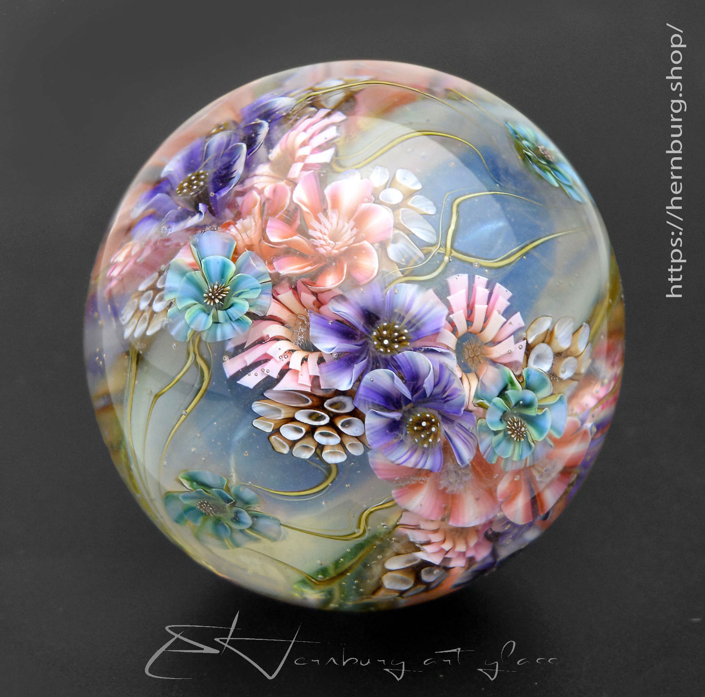 Marble. Collectible Sphere “Zephyr Blossoms” Glass. . Diameter — 42 mm (1.65”)