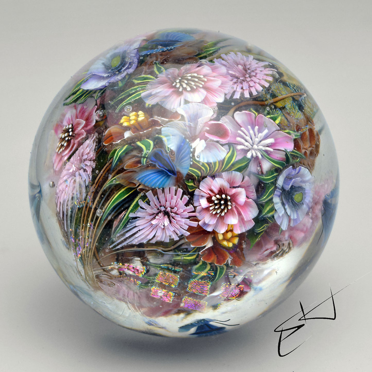 Marble. Blue Moths Morning. Glass. Collectible ball. Diameter 50 mm - 1.96 inch