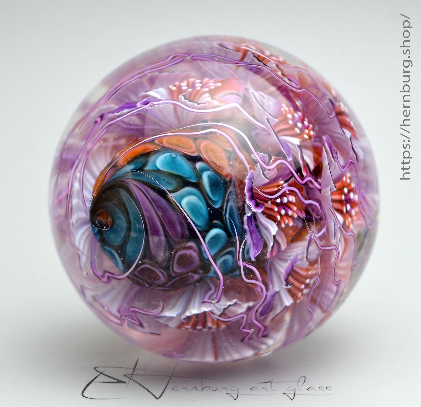 Marble "Study on Violet" Glass. Collectible sphere. Diameter — 45 mm (1.77”)