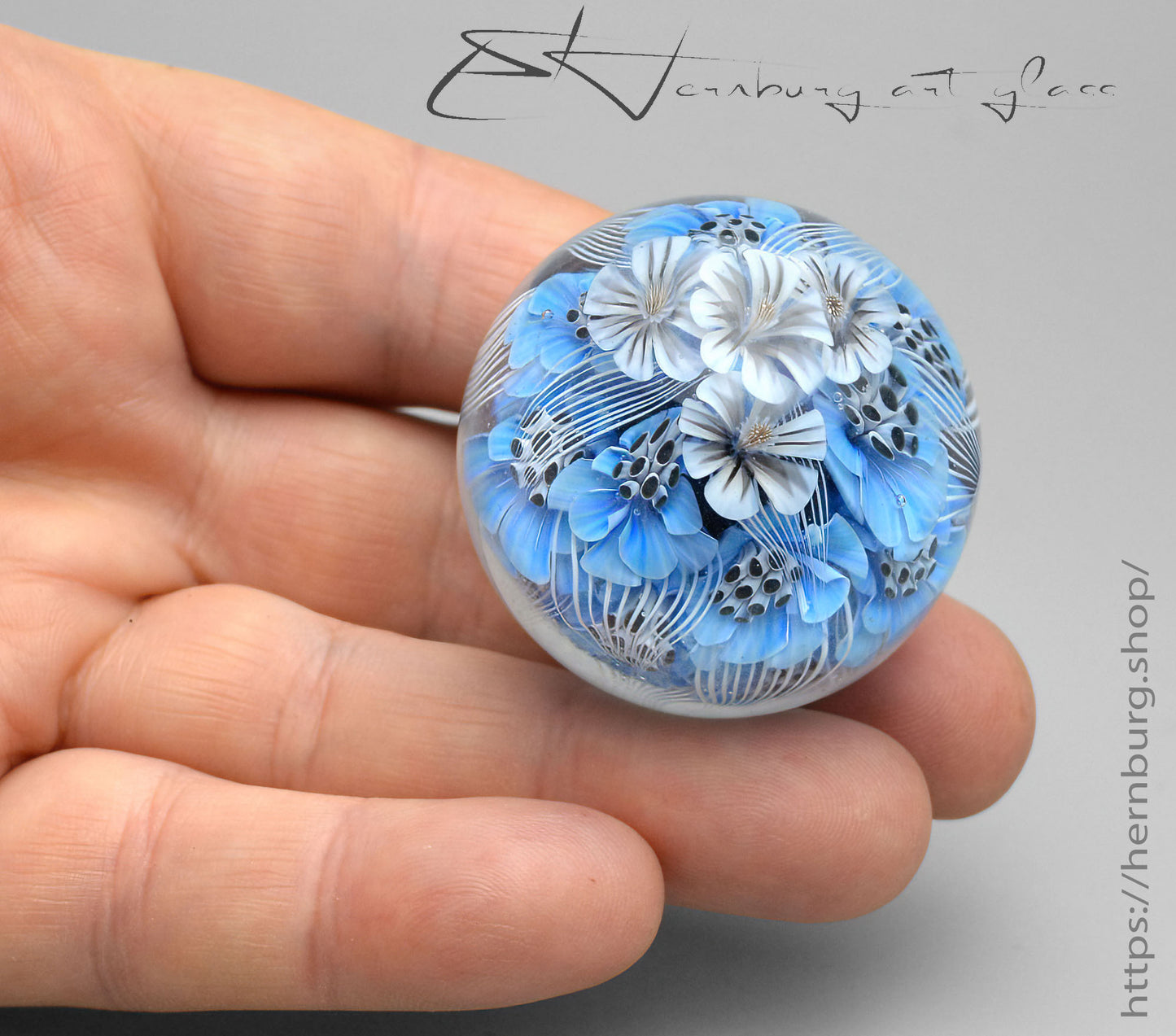Marble. Collectible Sphere “Blue Blossom” Glass. . Diameter — 39 mm (1.53”)
