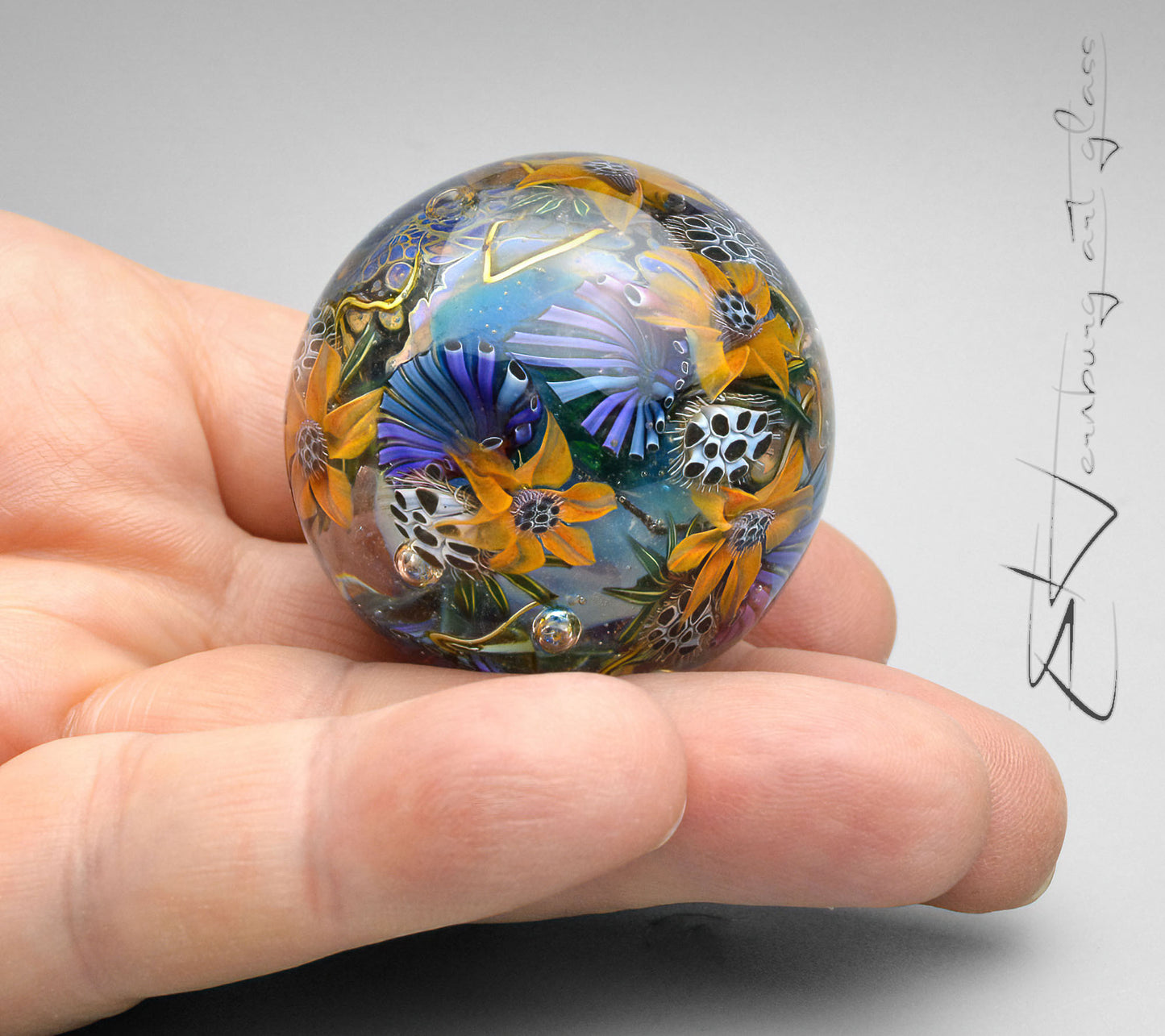 Marble "Turquoise Tide” Glass. Collectible sphere. Diameter — 43 mm (1.69”).