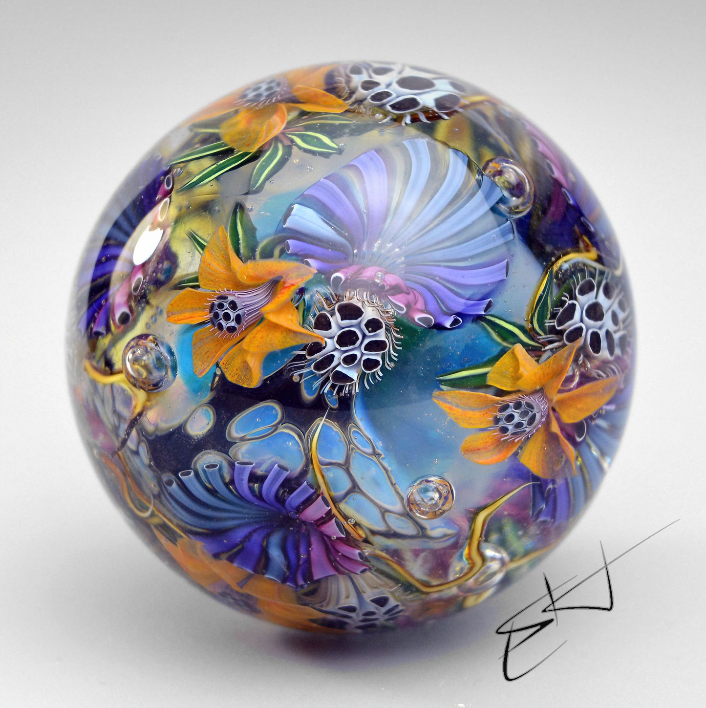 Marble "Turquoise Tide” Glass. Collectible sphere. Diameter — 43 mm (1.69”).