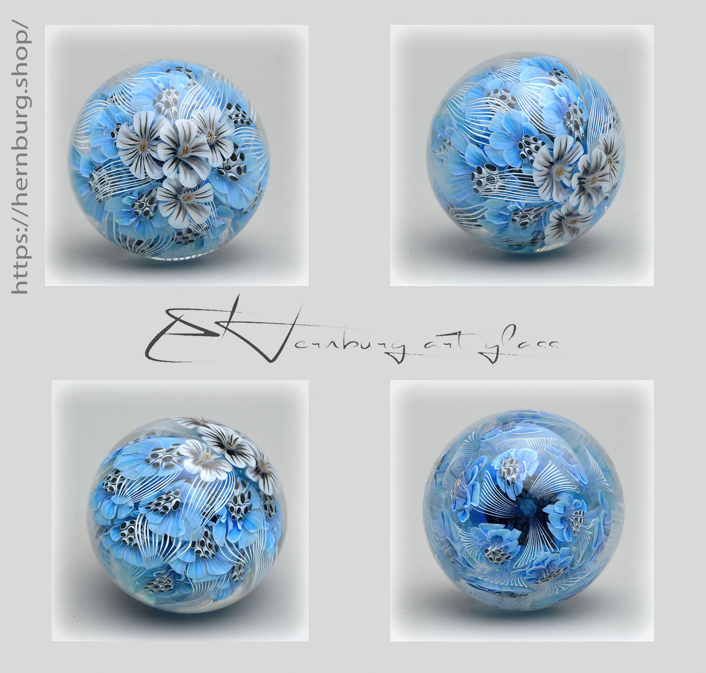 Marble. Collectible Sphere “Blue Blossom” Glass. . Diameter — 39 mm (1.53”)