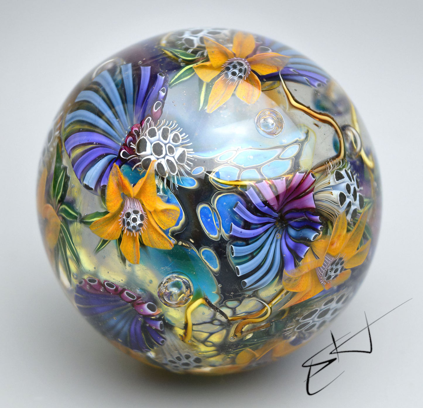 Marble "Turquoise Tide” Glass. Collectible sphere. Diameter — 43 mm (1.69”).