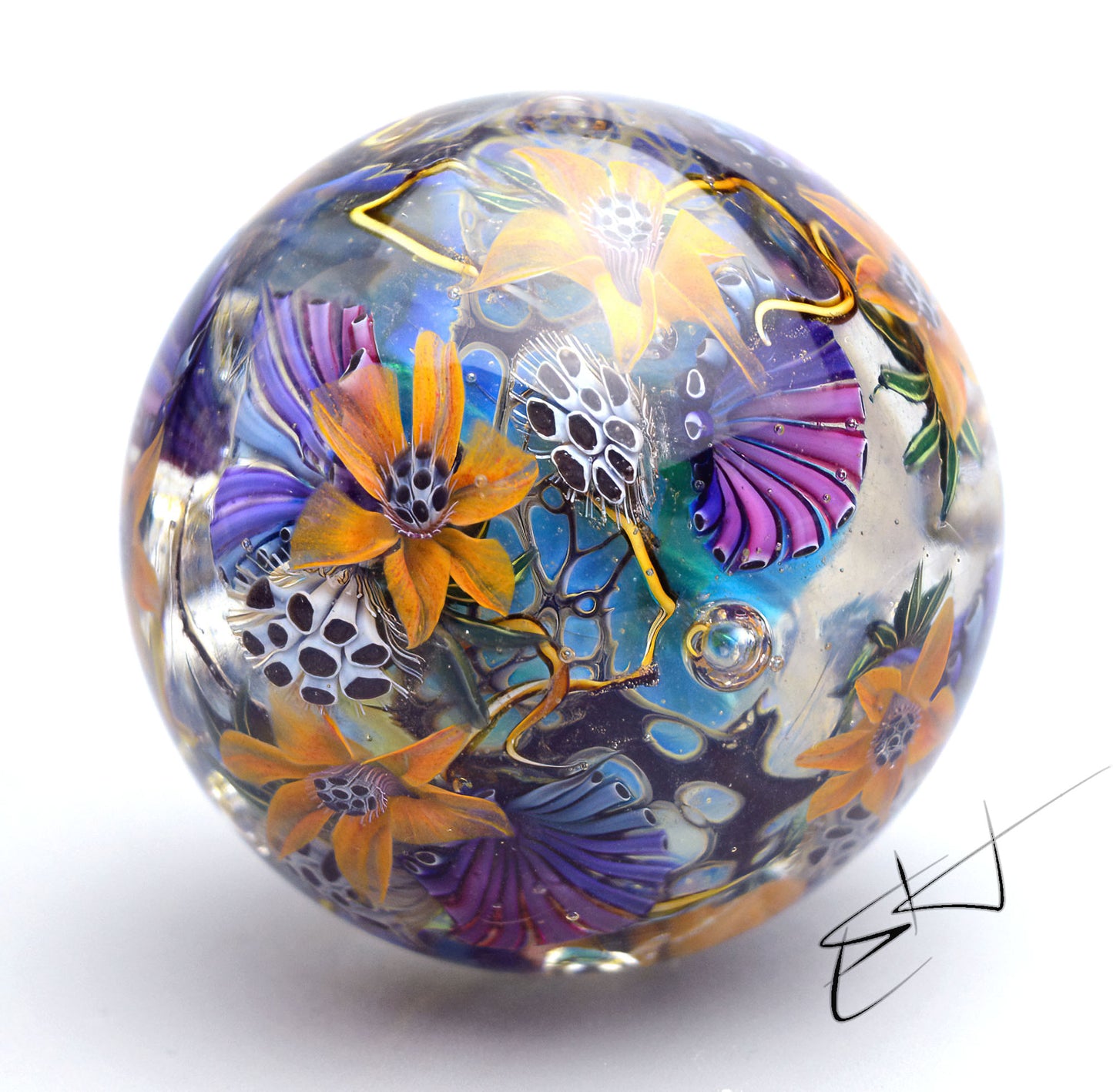 Marble "Turquoise Tide” Glass. Collectible sphere. Diameter — 43 mm (1.69”).