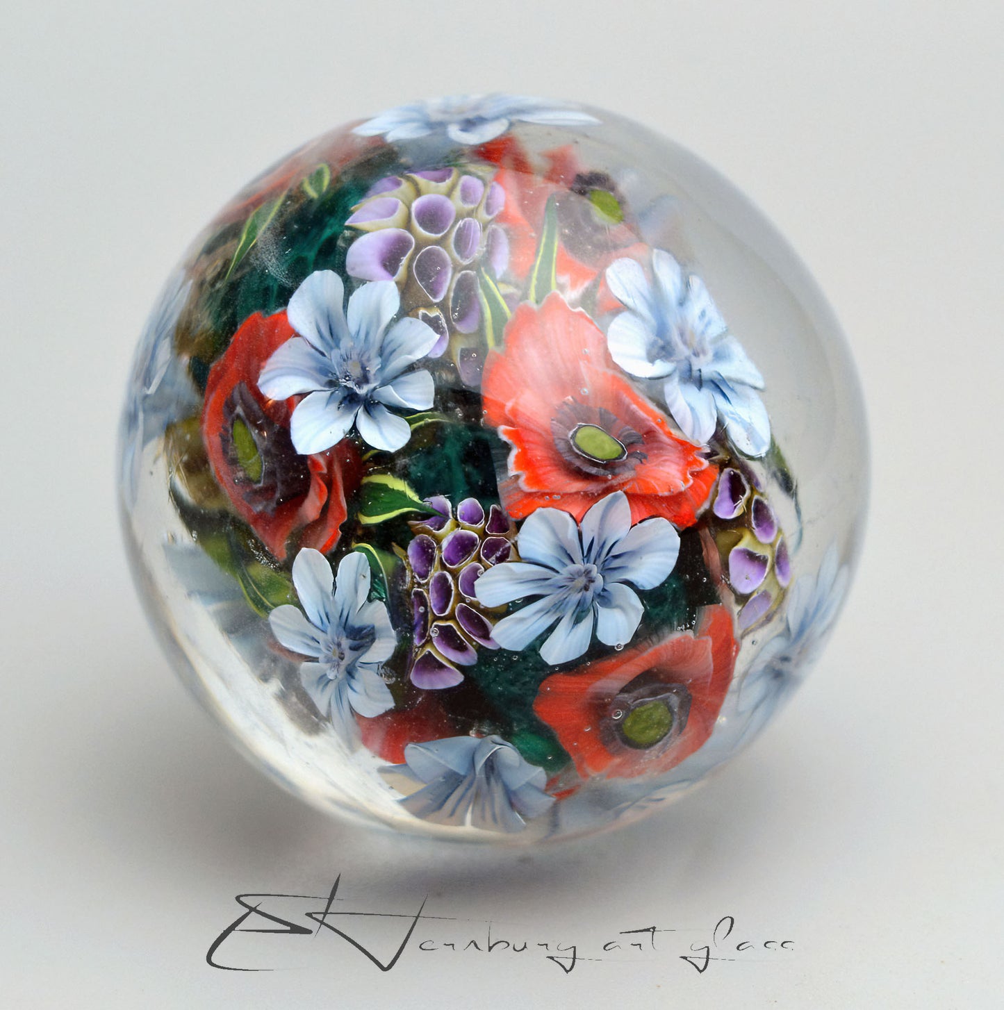 Marble "Air of Poppies" Glass. Collectible sphere.  39 mm (1.53”).